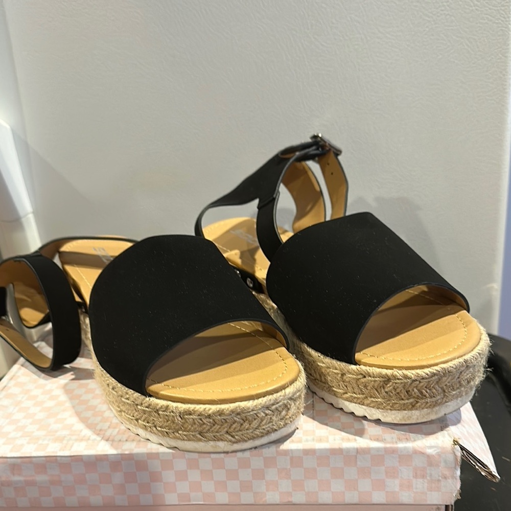 Gently Worn Soda Black Wedge Open Toe Espadrille Buckle Shoe